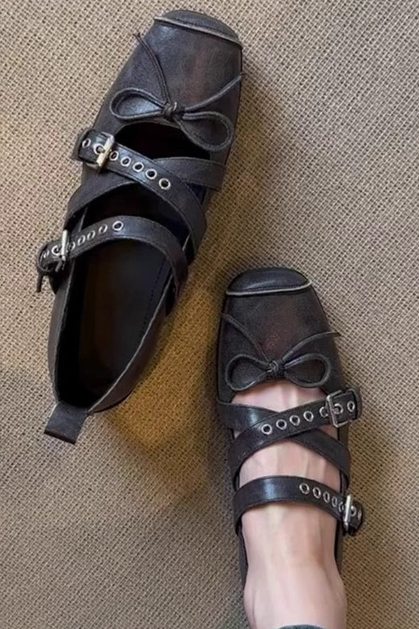 Bow Cross Strap Square Toe Ballet Flats