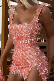Sexy Square Neck Open Back Sequined Tassel Slim Mini Dress