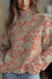 Floral Pattern High-Neck Long-Sleeved Loose Sweatshirt