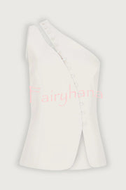 Full of Design Solid Color One Shoulder Asymmetric Slit Button Casual Vest