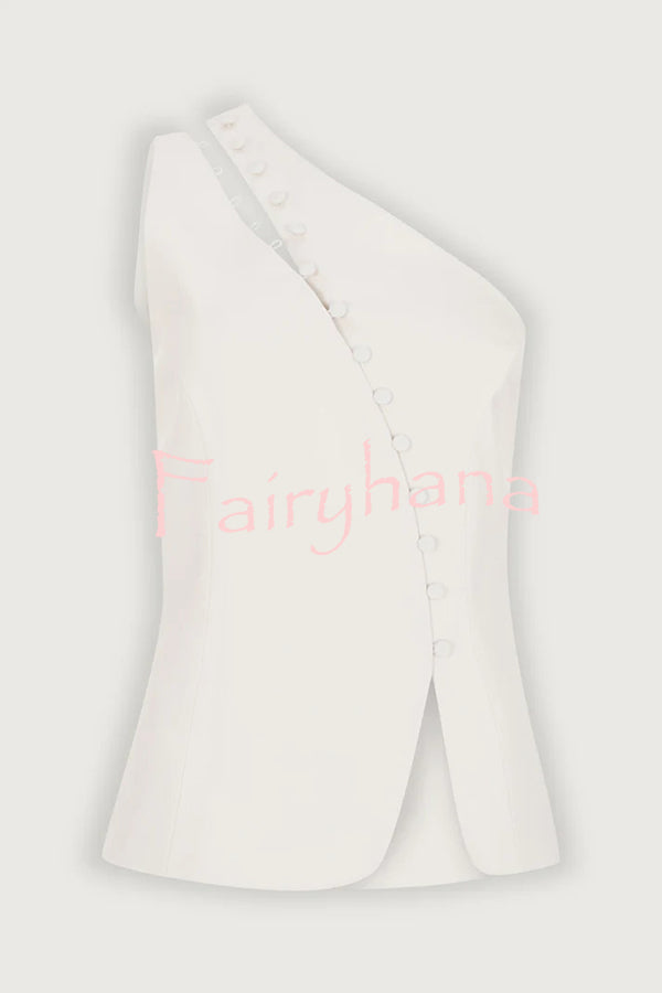 Full of Design Solid Color One Shoulder Asymmetric Slit Button Casual Vest