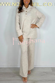 Solid Color Lapel Long-sleeved Loose Top and Elastic Waist Casual Pants Set