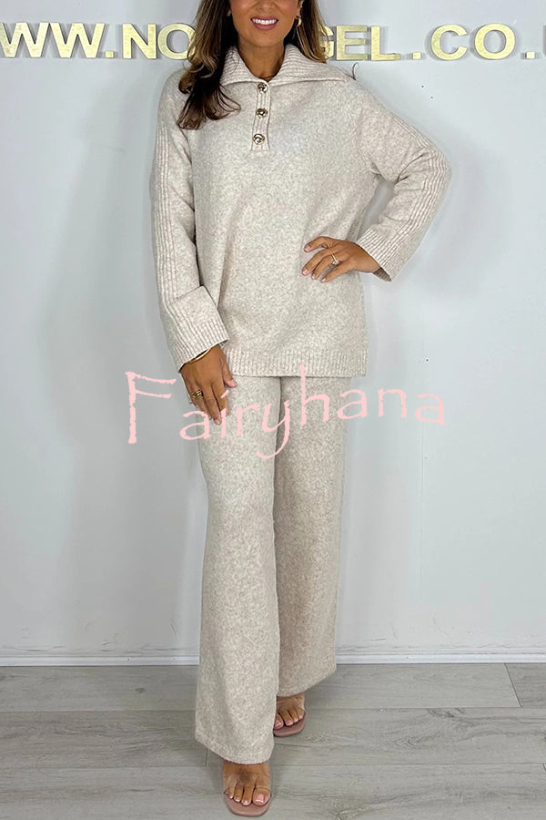 Solid Color Lapel Long-sleeved Loose Top and Elastic Waist Casual Pants Set