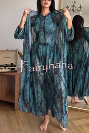 Unique Print One-piece Swimsuit and Cardigan and High Rise Pants Three-piece Set