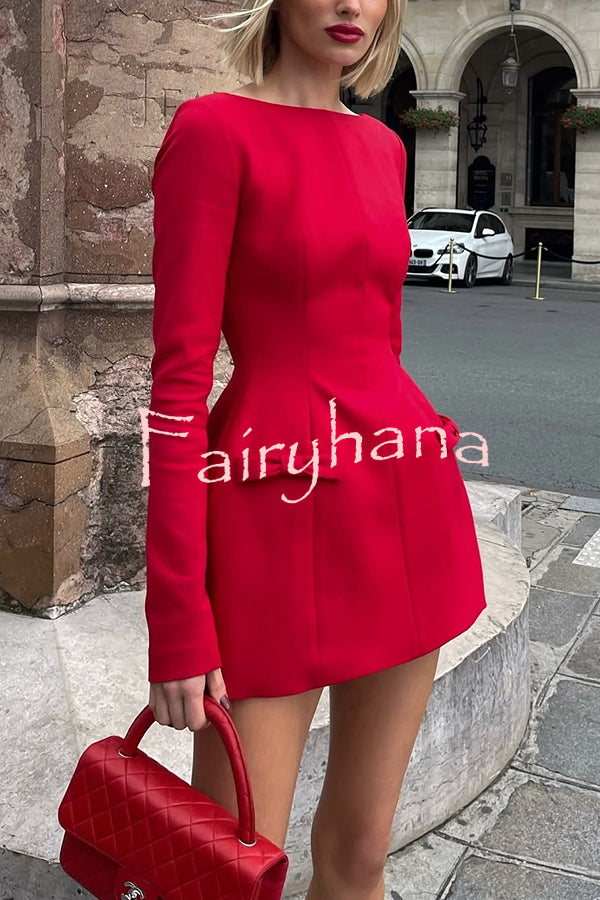 Budding Elegance Bow Detail Boat Neck Long Sleeve Mini Dress