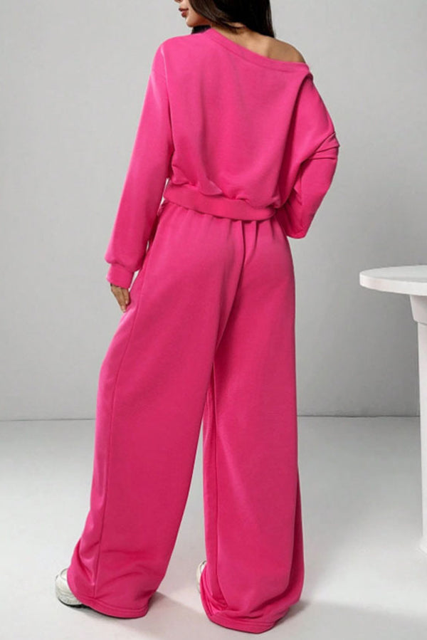 Solid Color Loose Long-sleeved Short Top and Elastic Waist Casual Pocket Wide-leg Pants Set