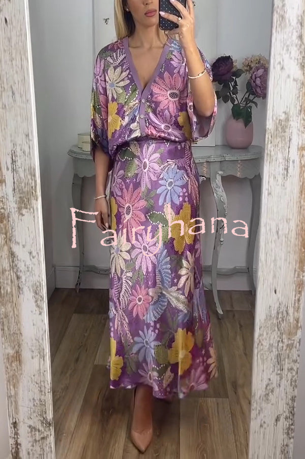 Satin Floral Print V-neck Half-sleeve Loose Top and Elegant Maxi Skirt Set