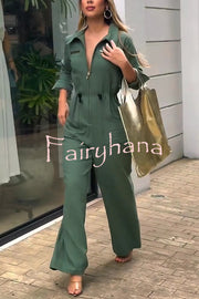 Street Glamour Zipper Stand Collar Drawstring Waist Pocket Loose Jumpsuit
