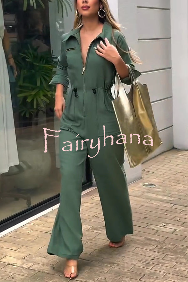 Street Glamour Zipper Stand Collar Drawstring Waist Pocket Loose Jumpsuit