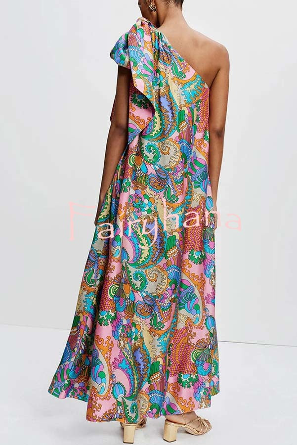 Rainbow Breeze Satin Unique Print Bow One Shoulder Loose Maxi Dress
