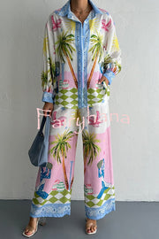 Holiday Style Print Loose Long Sleeve Shirt and Elastic Waist Loose Pocket Wide Leg Pants Set