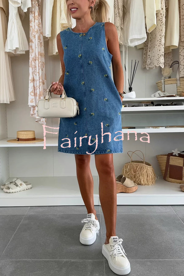 Floral Print Round Neck Sleeveless Loose Denim Mini Dress