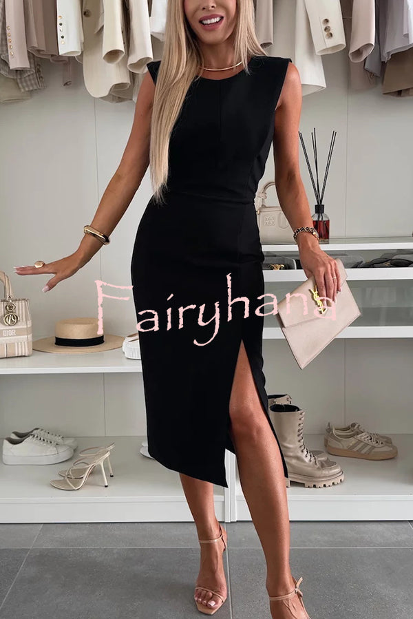 Charming Lady Solid Color Round Neck Sleeveless Waisted Slit Stretch Midi Dress