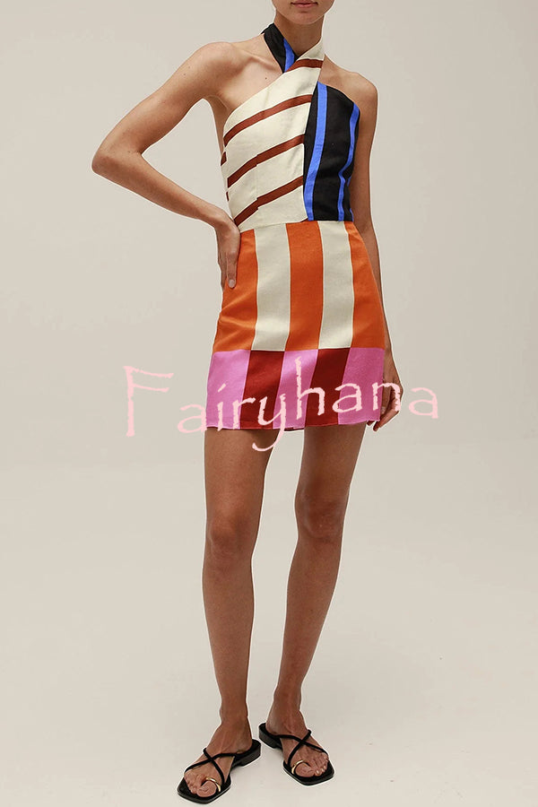 Jeniah Linen Blend Color Block Print Cross Halter Tie-up Loose Mini Dress