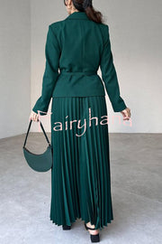 Solid Color Lapel Button Belt Blazer and Pleated Casual Maxi Skirt Set