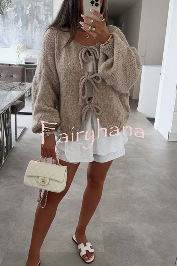 Solid Color Long-sleeved V-neck Lace-up Loose Knitted Sweater