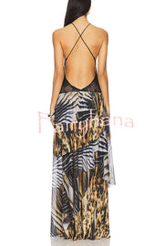 Desert Queen Embroidered Lace-up Leopard Colorblock Layered Slit Maxi Dress