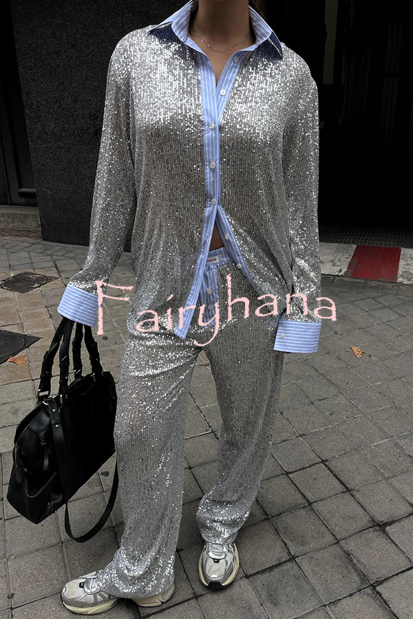 Fashion Sequined Loose Long-sleeved Shirt and Casual Elastic Waist Wide-leg Pants Set