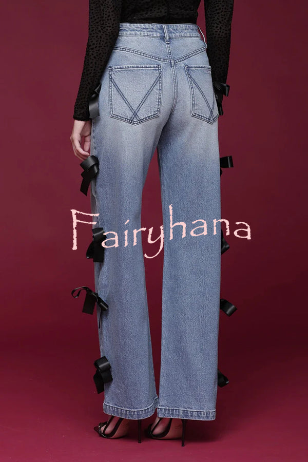 Runway Muse Denim High Rise Bow Trim Pocketed Wide Leg Jeans