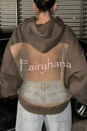 Fashionable Shiny Mesh Hollow Back Loose Long-sleeved Hooded Sweatshirt