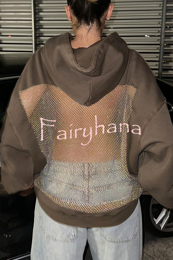 Fashionable Shiny Mesh Hollow Back Loose Long-sleeved Hooded Sweatshirt