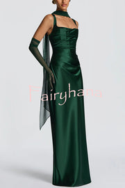 Calanthe Satin Square Neck Ruched Back Lace-up Drape Mesh Scarf Maxi Dress