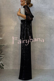 Party Scene Sequin High Rise Elastic Waist Wide Leg  Pants