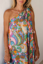 Rainbow Breeze Satin Unique Print Bow One Shoulder Loose Maxi Dress