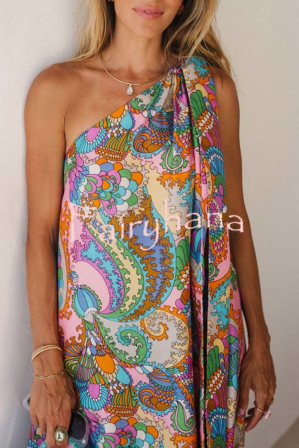 Rainbow Breeze Satin Unique Print Bow One Shoulder Loose Maxi Dress