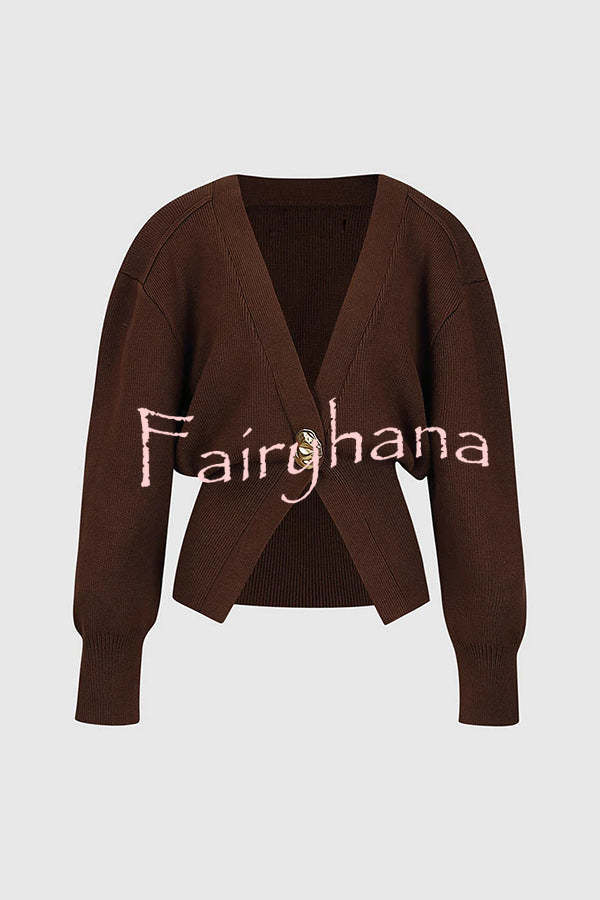 Only Yours Knit Metal Leaf Shape Button Lantern Sleeve Relaxed Cardigan