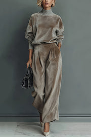 Stylish Velvet Turtleneck Long-sleeved Top and Casual Pocket Wide-leg Pants Set