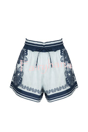 Jiya Linen Blend Unique Print Halter Scarf Tank and Elastic Waist Pocket Shorts Set