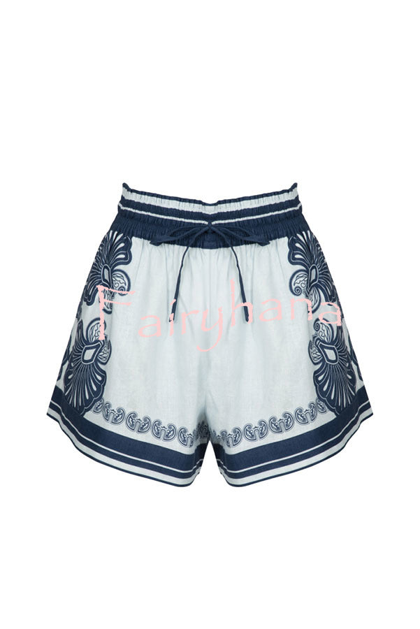 Jiya Linen Blend Unique Print Halter Scarf Tank and Elastic Waist Pocket Shorts Set