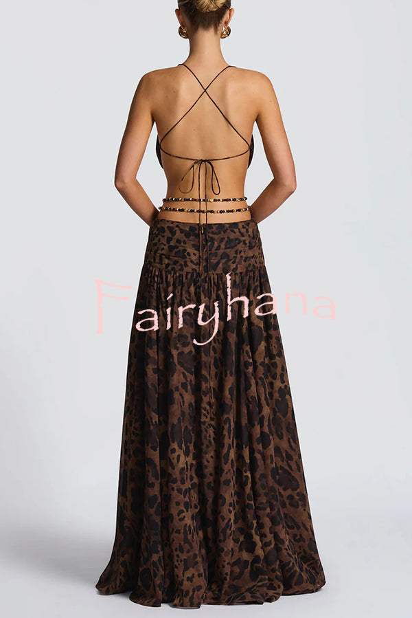 Kinara Leopard Print Deep V-neck Metal Flower Hollow Beads Detail Slit Maxi Dress