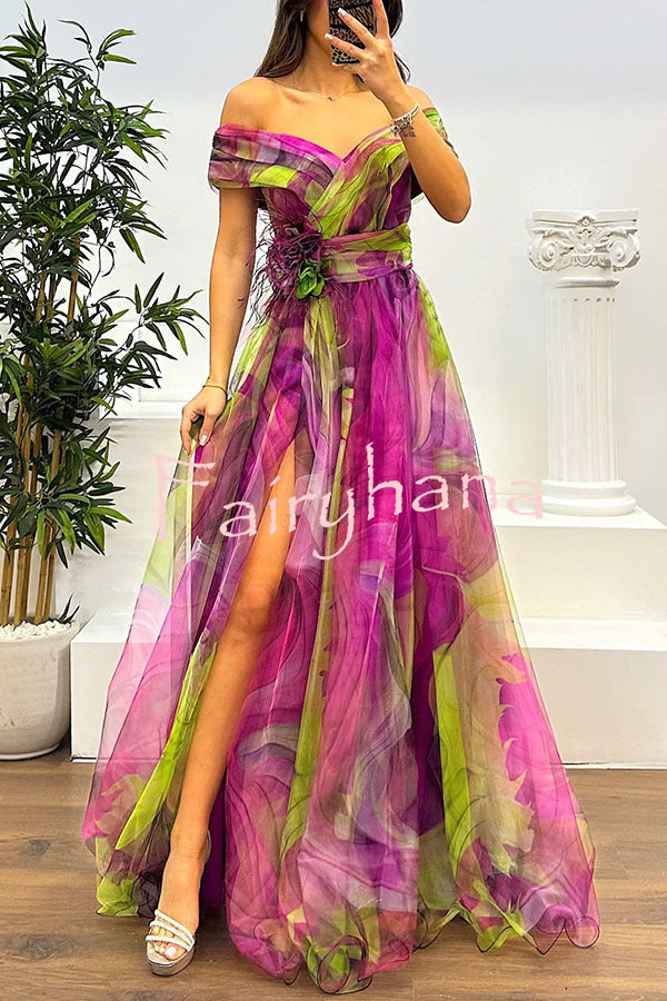 Jinnie Tulle Floral Feather Pendant Pleated Off Shoulder Slit Maxi Dress