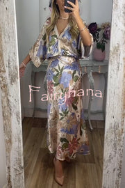 Satin Floral Print V-neck Half-sleeve Loose Top and Elegant Maxi Skirt Set