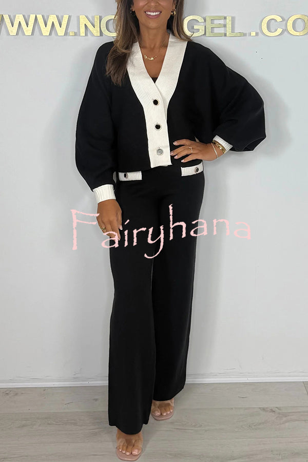 Fashion Contrast Color V-neck Loose Cardigan and Elastic Waist Casual Pants Set