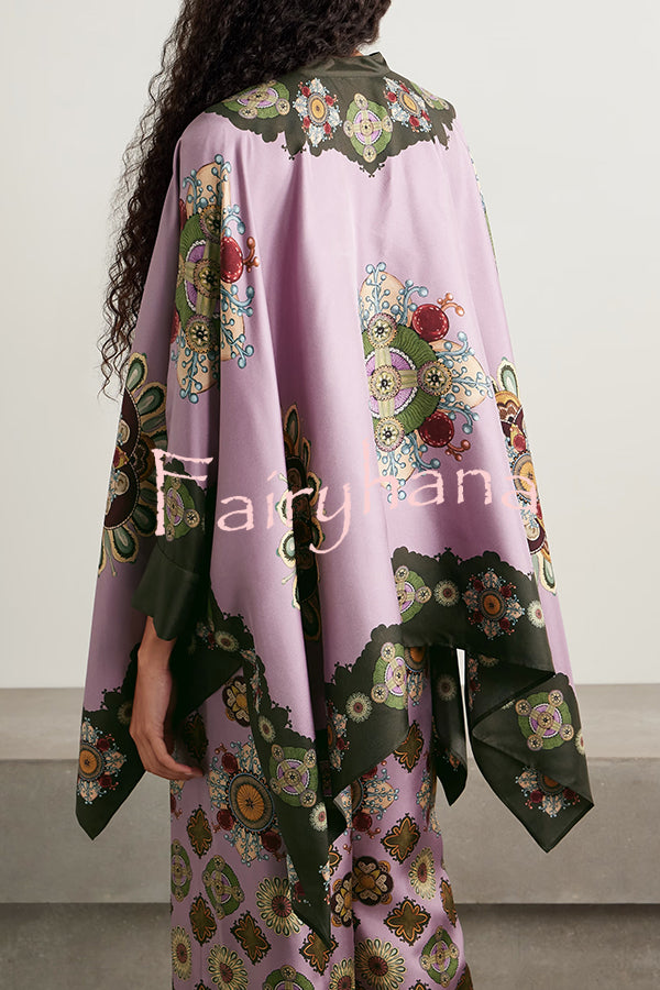Satin Unique Print Loose Batwing Sleeve Top and Elastic Waist Pocket Casual Wide-leg Pants Set
