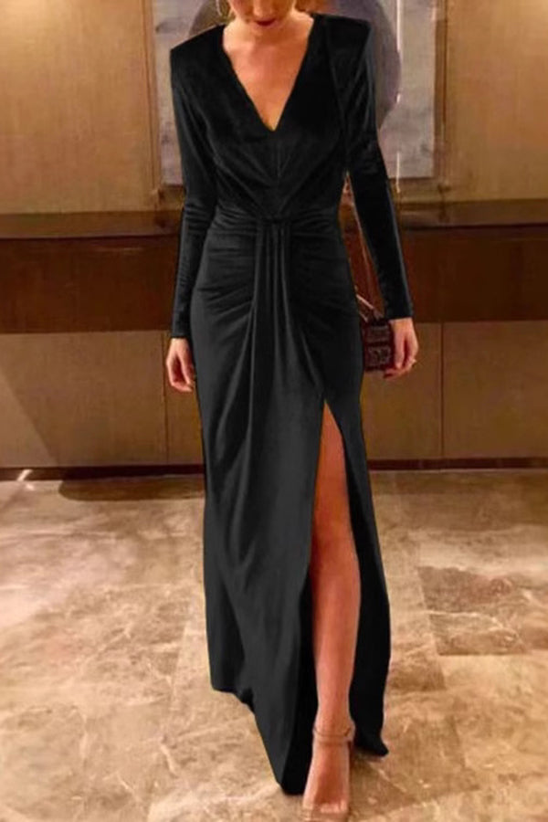 Solid Color Velvet V-neck Long Sleeve Elegant Slit Maxi Dress