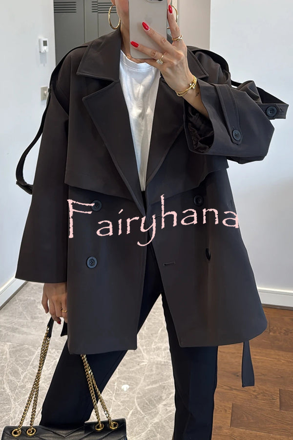 Modern Urban Dropped Shoulder Strap Button Detail Belted Lapel Loose Trench Coat