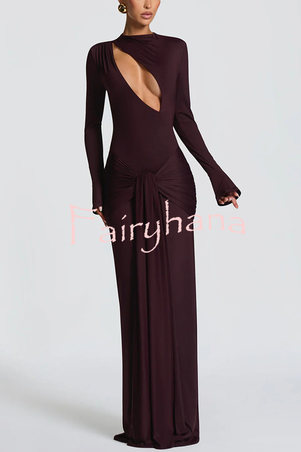 Sexy Cutout Fitted Long-sleeved Pleated Satin Ribbon Maxi Dresses