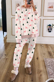 Christmas Print Loose Long-sleeved Top and Elastic Waist Casual Pants Set