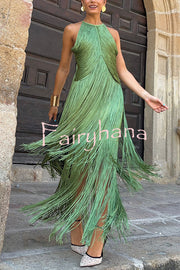 Fashion Sleeveless Halter Neck Elegant Tassel Slim Maxi Dress