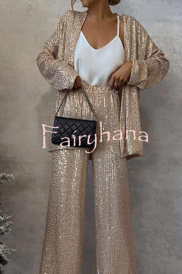 Party Scene Sequin High Rise Elastic Waist Wide Leg  Pants