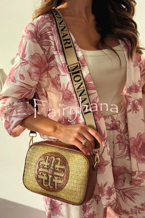 Linen Blend Botanical Print Loose-fitting Top and Elastic Waist Wide-leg Casual Pants Set