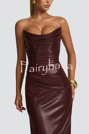 Alba Faux Leather Pleated Off Shoulder Neck Slit Stretch Maxi Dress