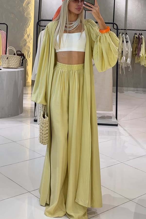 Beach Cottage Open Front Long Pleated Lantern Sleeve Long Cover-up Jacket