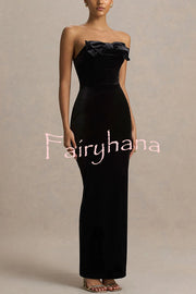 Illusion Velvet Bandeau neck Bow detail Stretch Maxi Dress