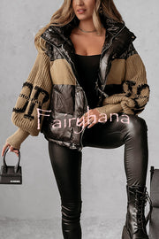 Stylish Denim Knit Long-sleeved Patchwork Hooded Pocket Thickened Jacket