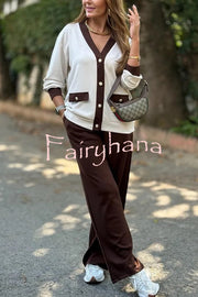 Stylish Color-blocked V-neck Knitted Button-down Cardigan and Elastic Waist Casual Wide-leg Pants Set